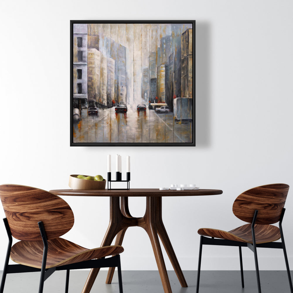Cars in the Morning Rain | Brown Industrial Framed Canvas Decor