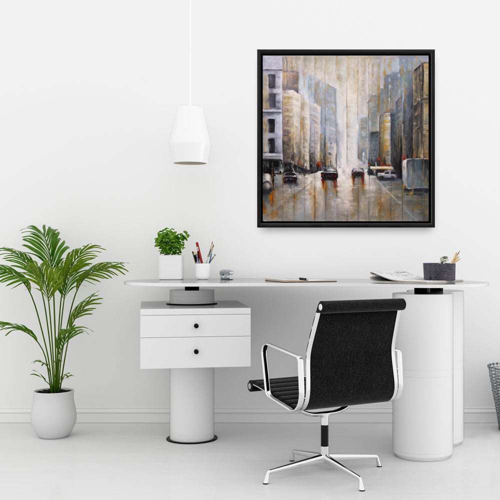 Cars in the Morning Rain | Brown Industrial Framed Canvas Decor