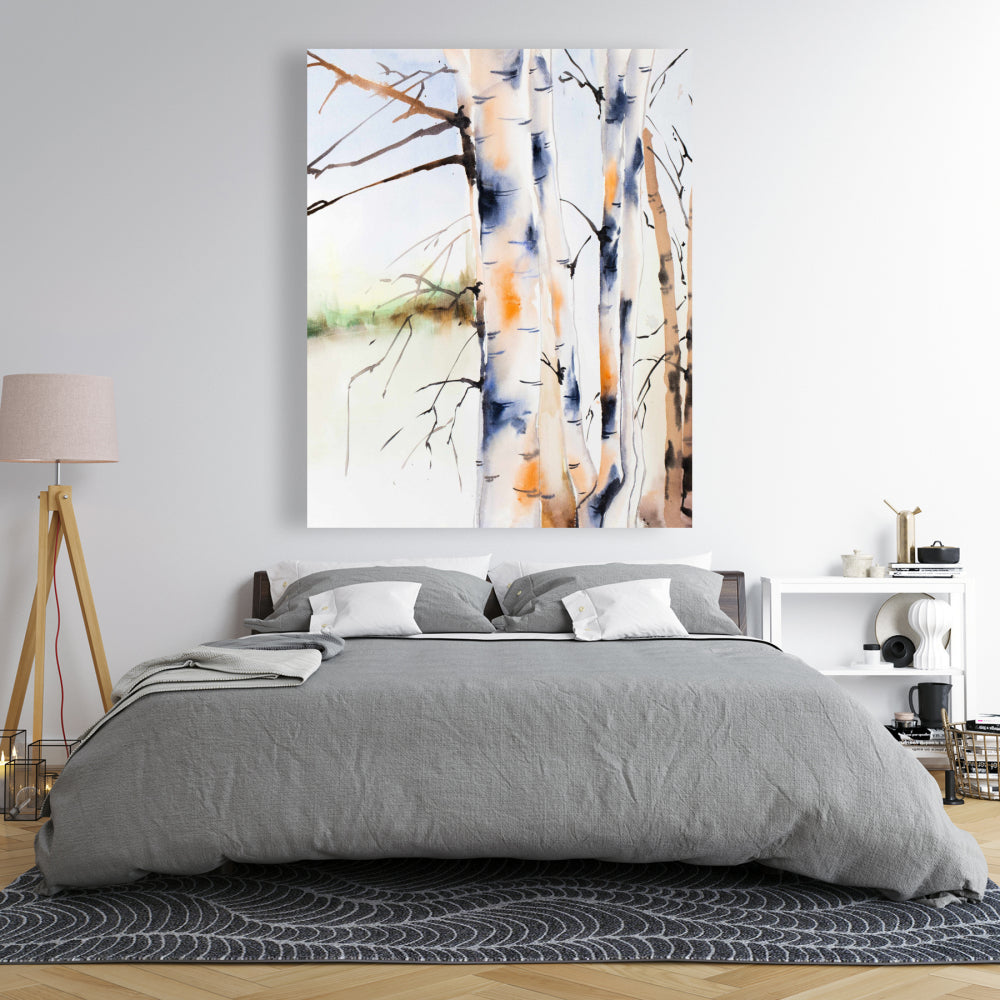 Birchs Trunks Blue Canvas Art - Home Decor Trees Illustration