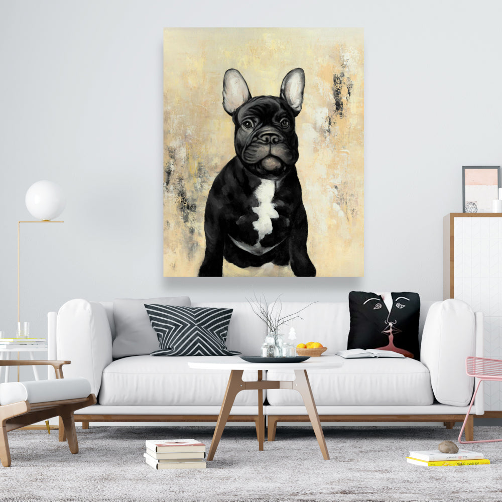 Toile noire représentant un bouledogue français pour chambre à coucher | Décoration murale