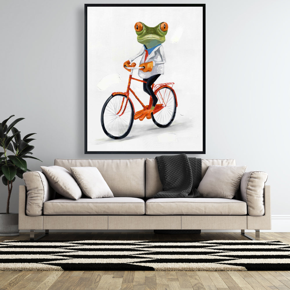 Funny Frog Riding a Bike Framed Canvas | Home Decor Art