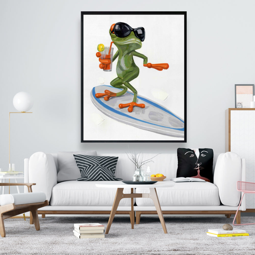 Funny Frog Surfing Canvas | Green Frame Home Decor Art