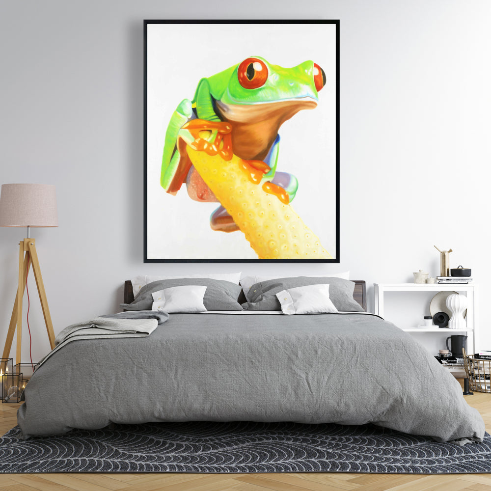 Toile représentant une grenouille curieuse aux yeux rouges – Décoration exotique pour reptiles verts