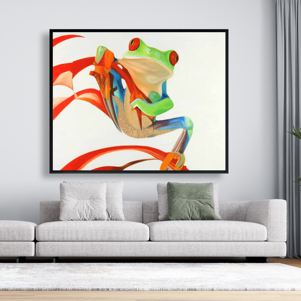 Red-eyed Frog Framed Canvas - Blue Reptile Art for Bedroom Decor