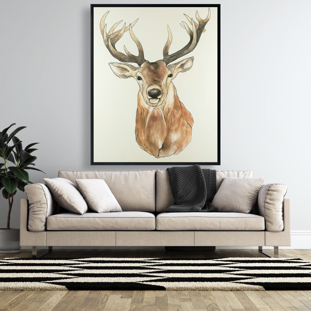 Toile encadrée de cerf brun | Portrait de cerf de face, décoration d'intérieur