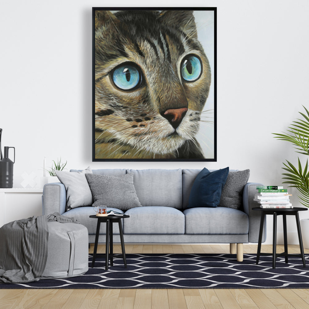 Portrait de chat curieux – Toile encadrée d'animaux bleus pour décoration intérieure