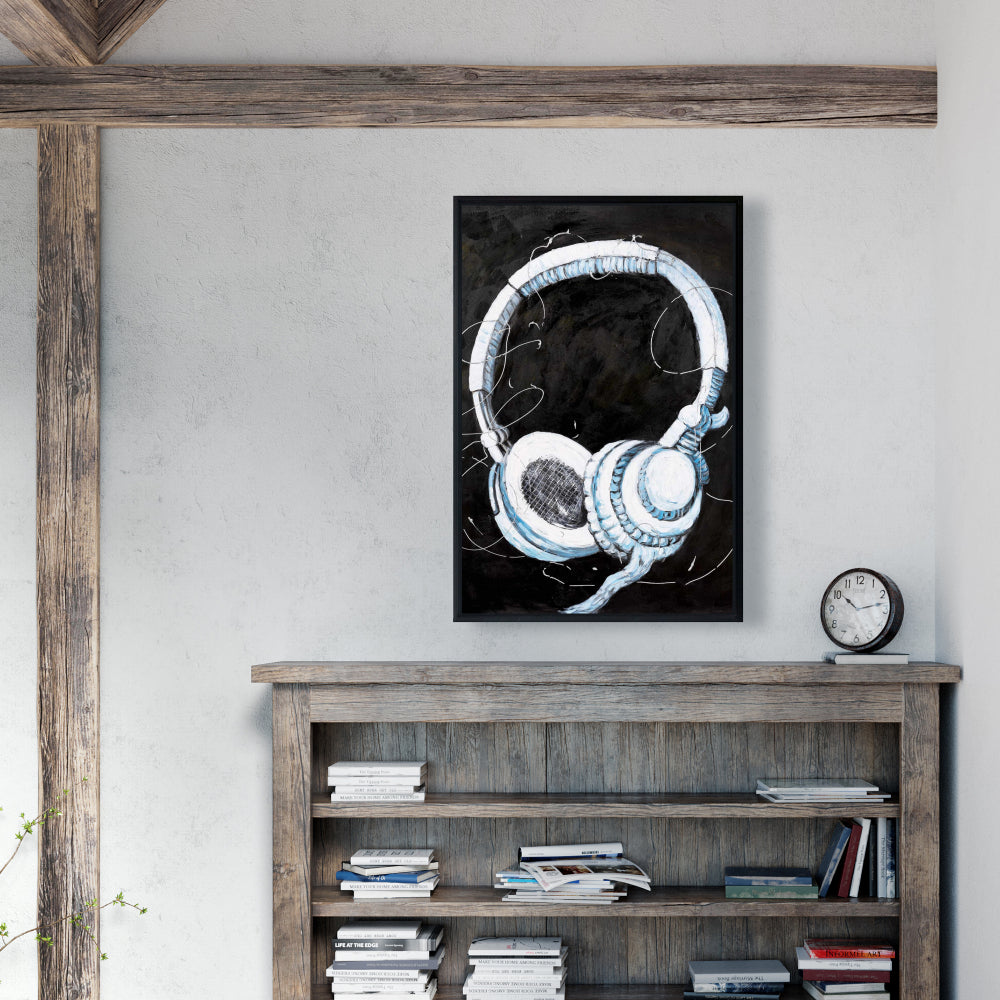 Toile illustrative « Casque musical » | Décoration d'intérieur encadrée bleue