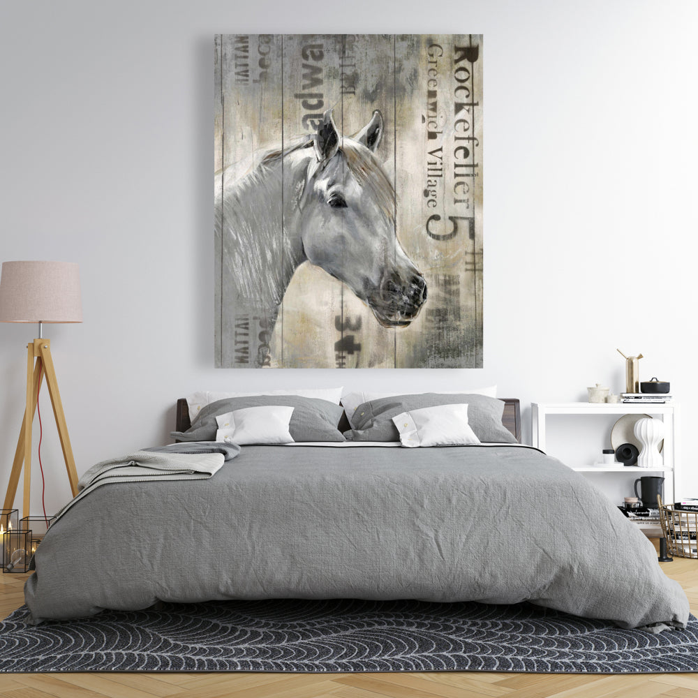 Toile rustique représentant un cheval blanc – Décoration de chambre à coucher avec animaux de la ferme