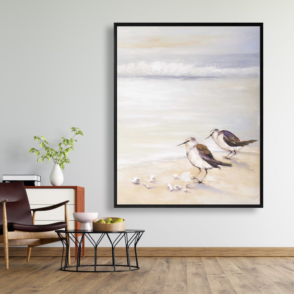 Deux bécasseaux sur la plage | Toile encadrée grise marine