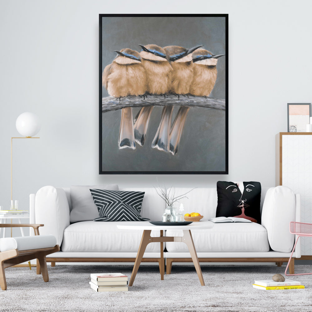 Toile encadrée marron exotique - Décor quatre oiseaux sur une branche