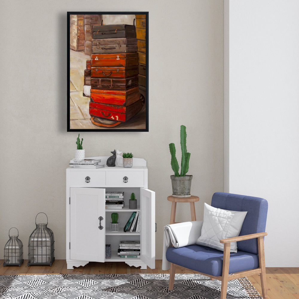 Nature morte sur toile encadrée marron – Décor de vieilles valises de voyage