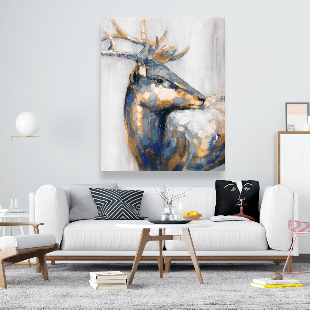 Golden Deer Blue Canvas - Elegant Home Decor Wall Art