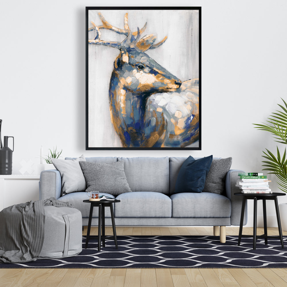 Toile Cerf doré | Décoration de chambre bleue | Art contemporain