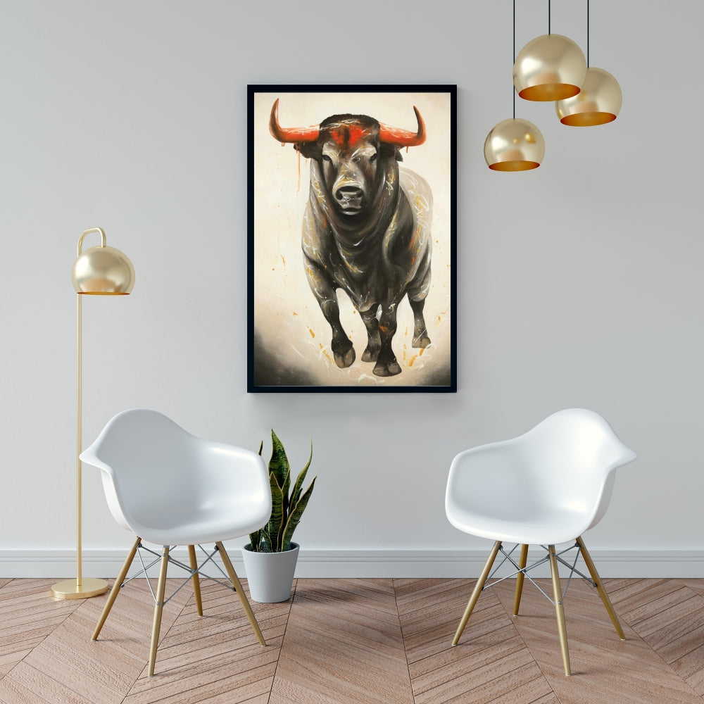 Décoration sur toile encadrée marron représentant un taureau féroce, animaux de la ferme occidentale
