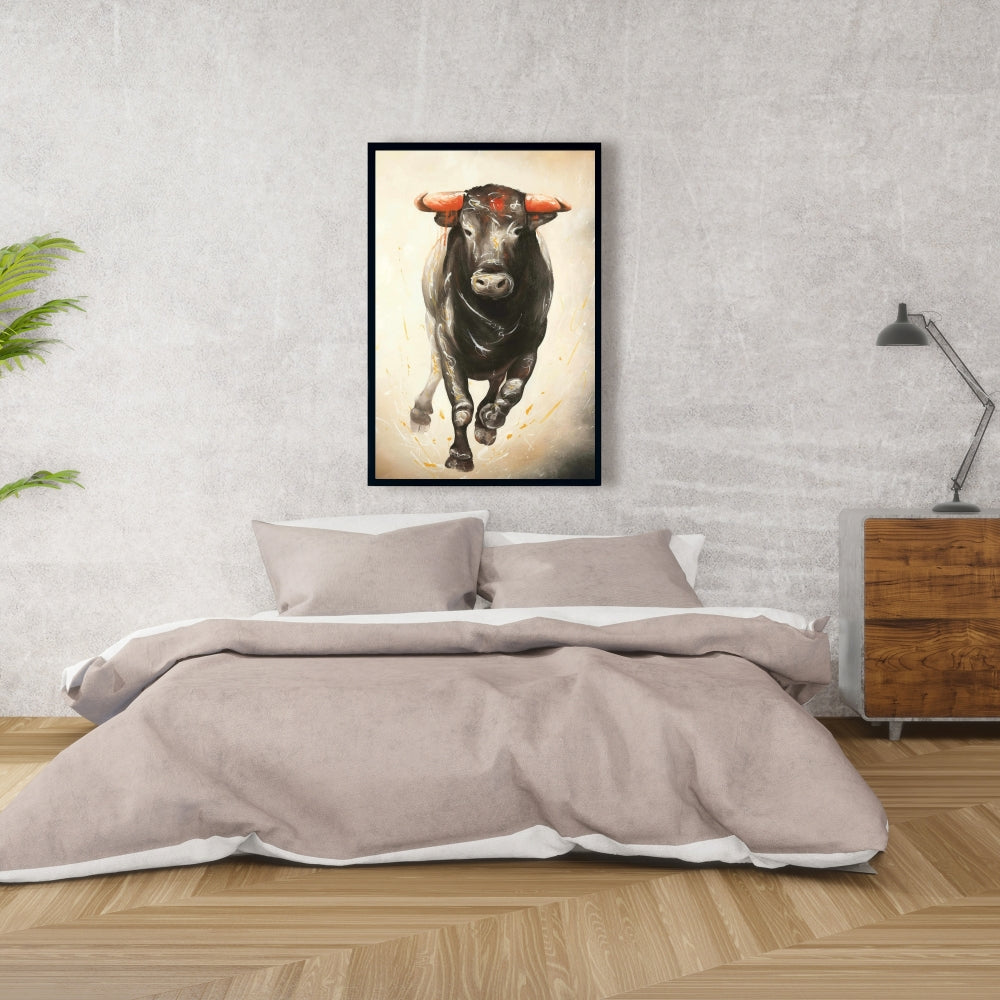 Toile encadrée « Taureau en fuite » | Décoration d'intérieur avec animaux de la ferme
