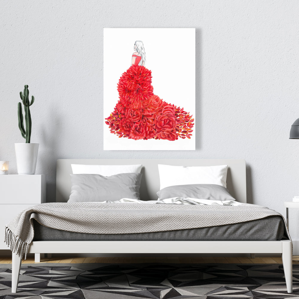 Red Romantic Bedroom Canvas - Flower Dress Home Decor Art