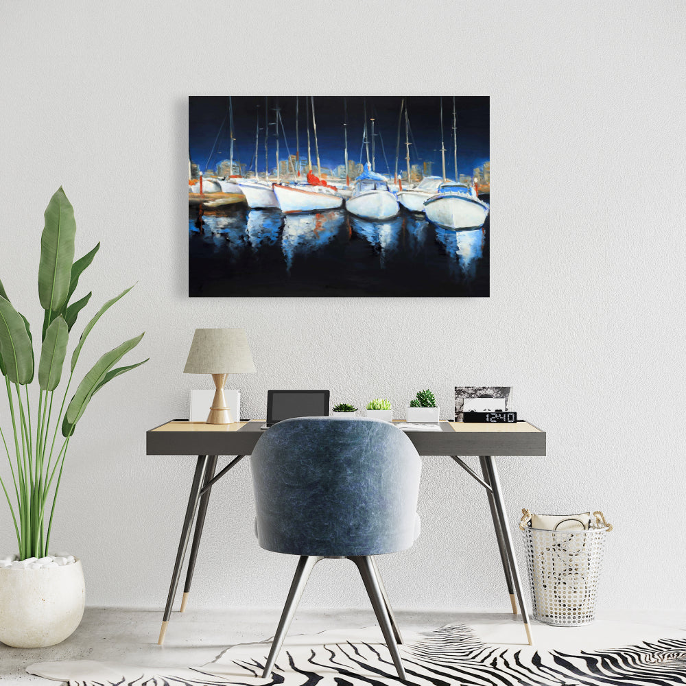Evening at the Marina | Blue Bedroom Boat Canvas Home Decor