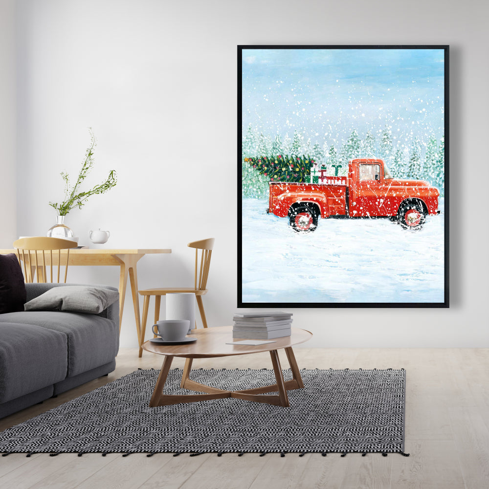 Toile Camion Sapin de Noël | Cadre bleu pour salon