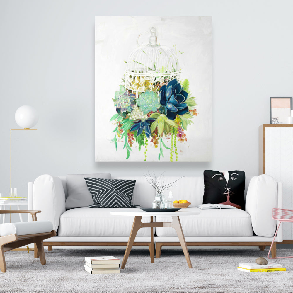 Exotic Bird Cage with Cactus Canvas | Floral Bedroom Decor