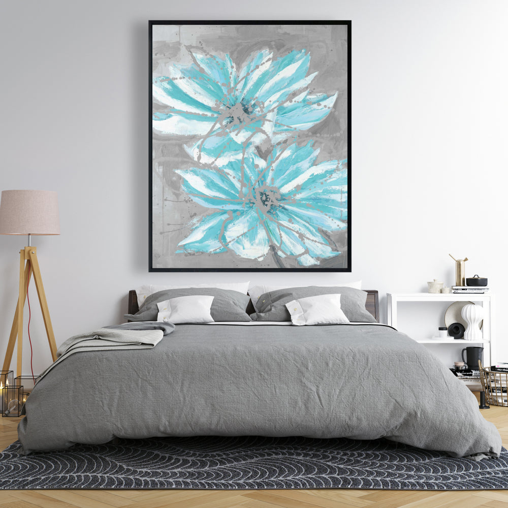 Toile florale contemporaine - Deux petites fleurs bleues abstraites
