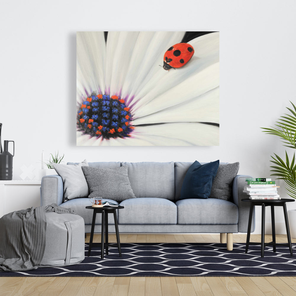 White Daisy and Ladybug | Botanical Blue Bedroom Canvas Decor