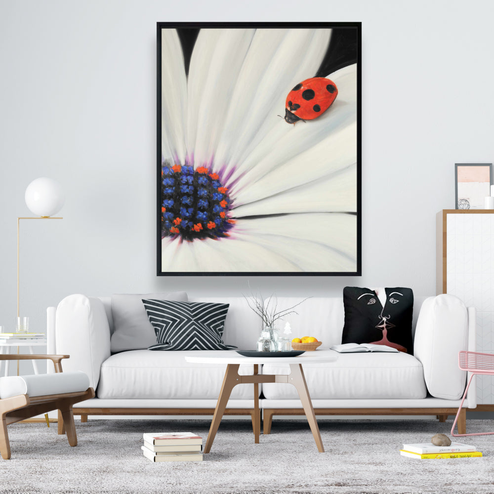 White Daisy and Ladybug Canvas - Romantic Botanical Decor