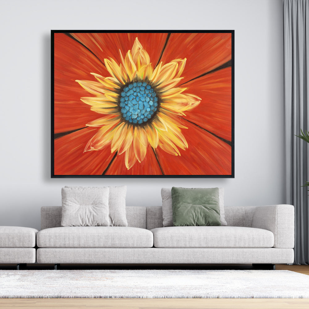Flower Middle Blue Framed Canvas | Contemporary Bedroom Decor