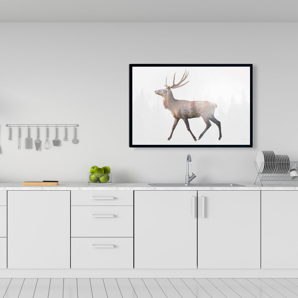 Toile encadrée marron rustique avec cerf et forêt | Décoration d'intérieur