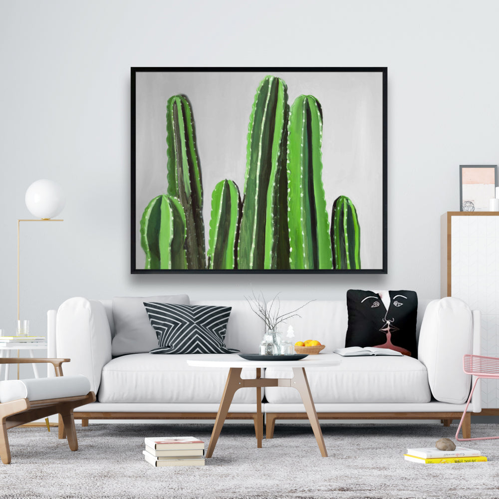 Cactus Candles Green Framed Canvas | Floral Botanical Decor
