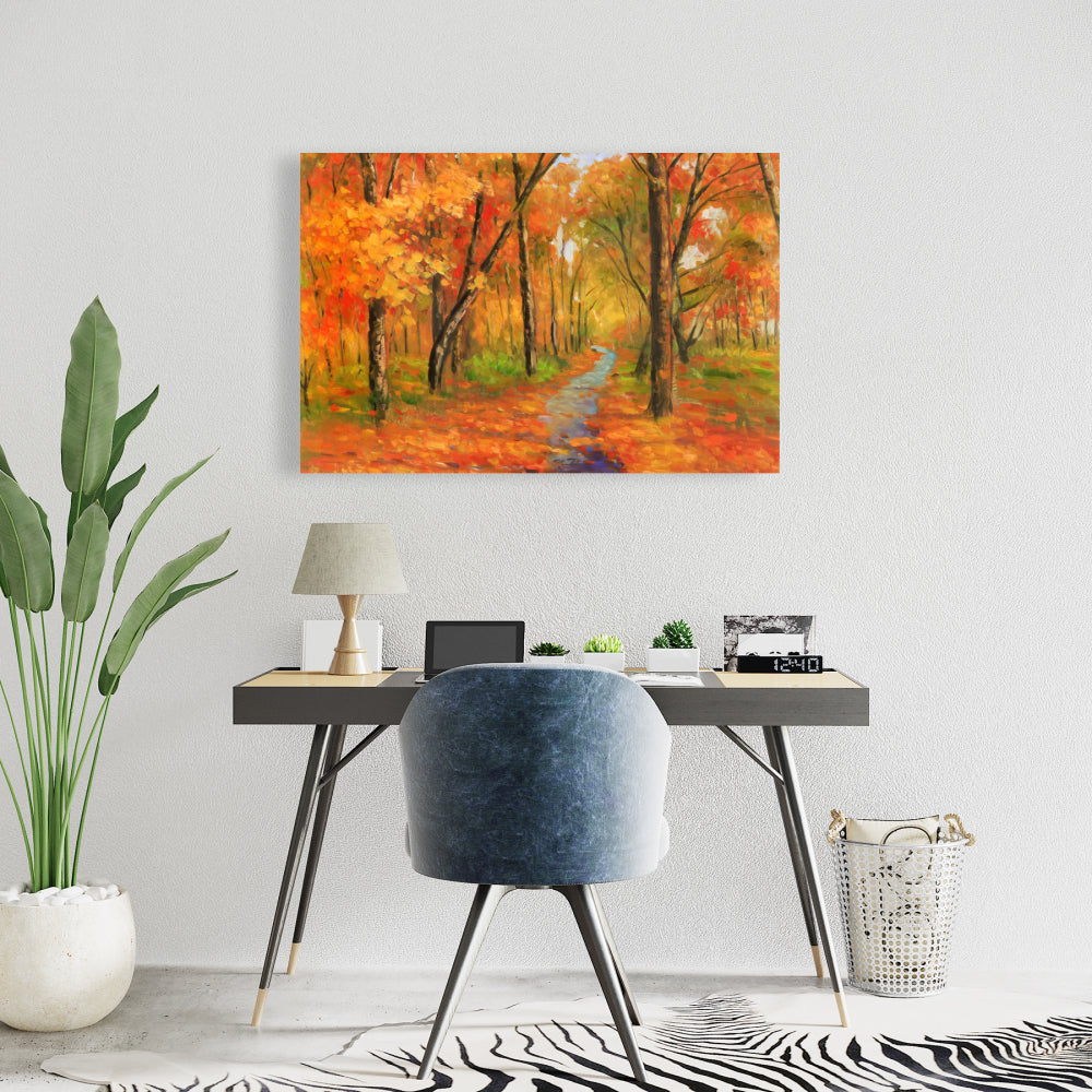 Autumn Trail in Forest Canvas | Orange Living Room Wall Art