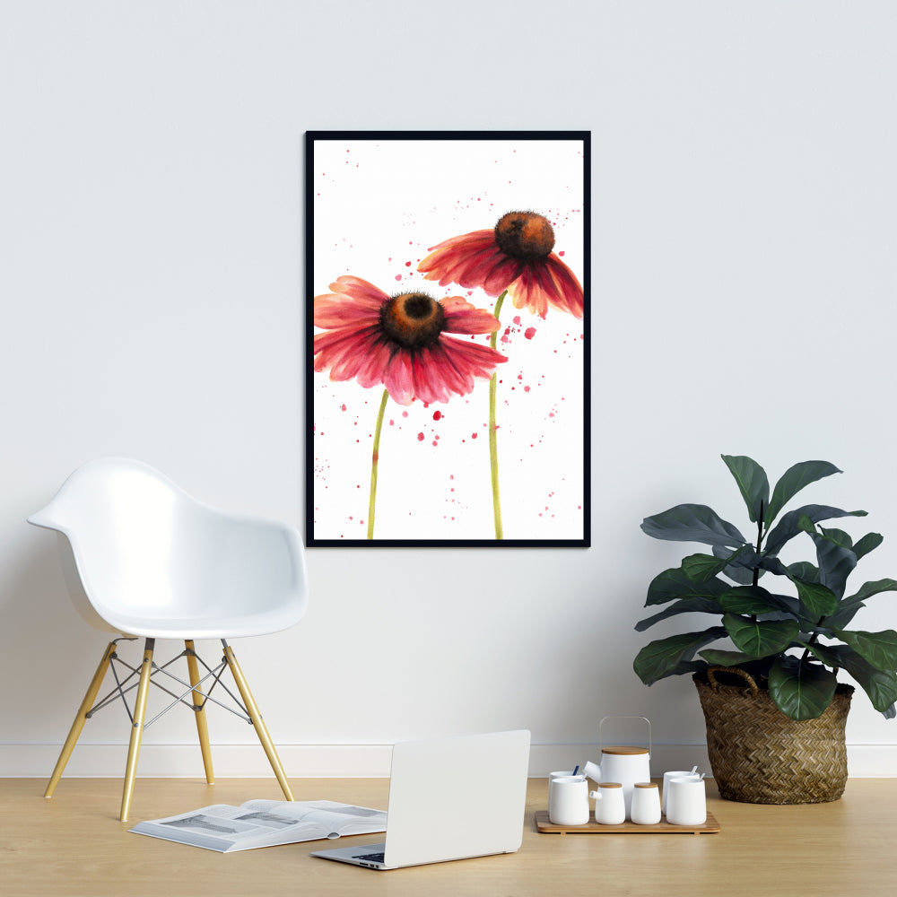 Toile florale « Deux marguerites roses » | Cadre marron pour décoration d'intérieur