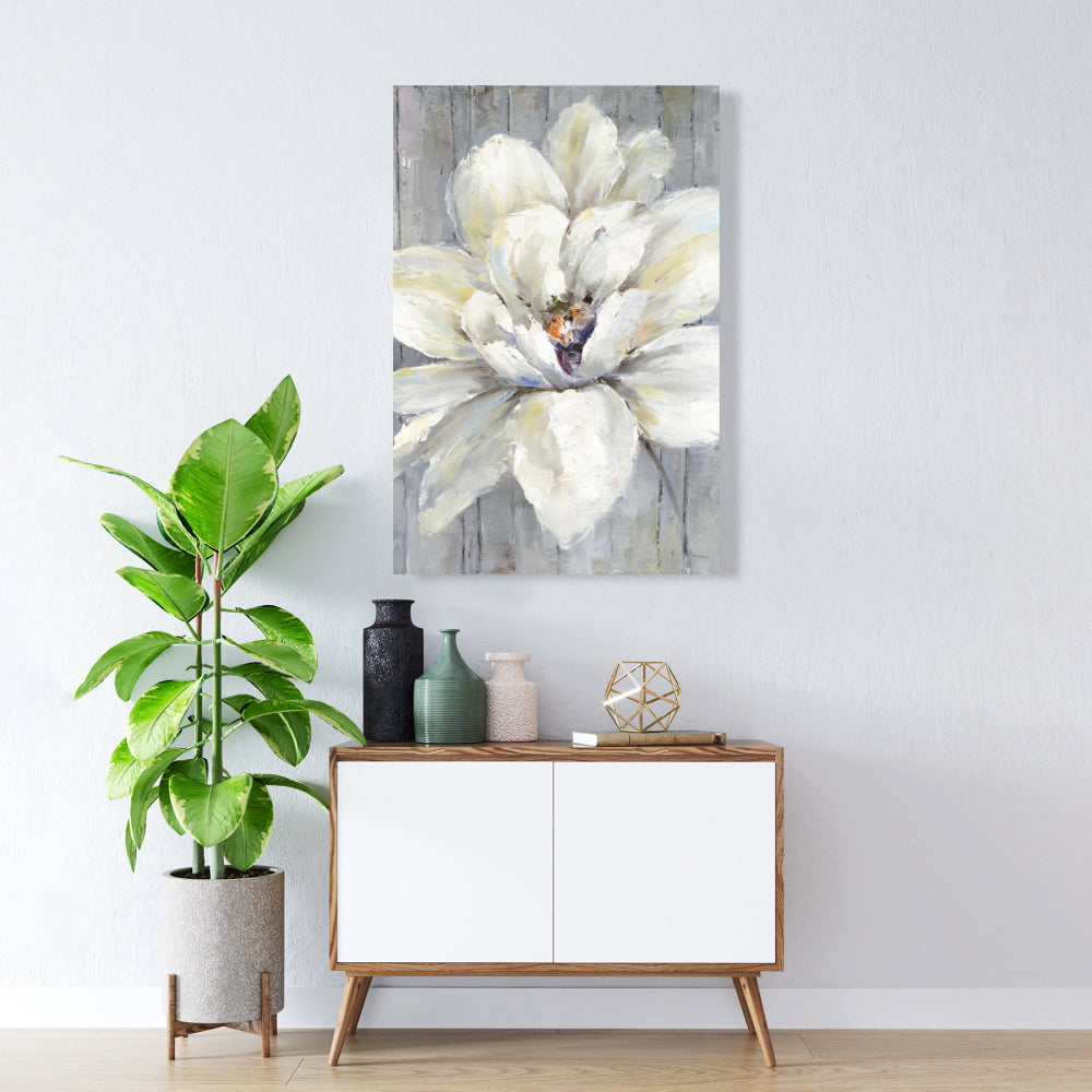 Fleur blanche sur toile de bois | Décoration florale moderne pour la maison