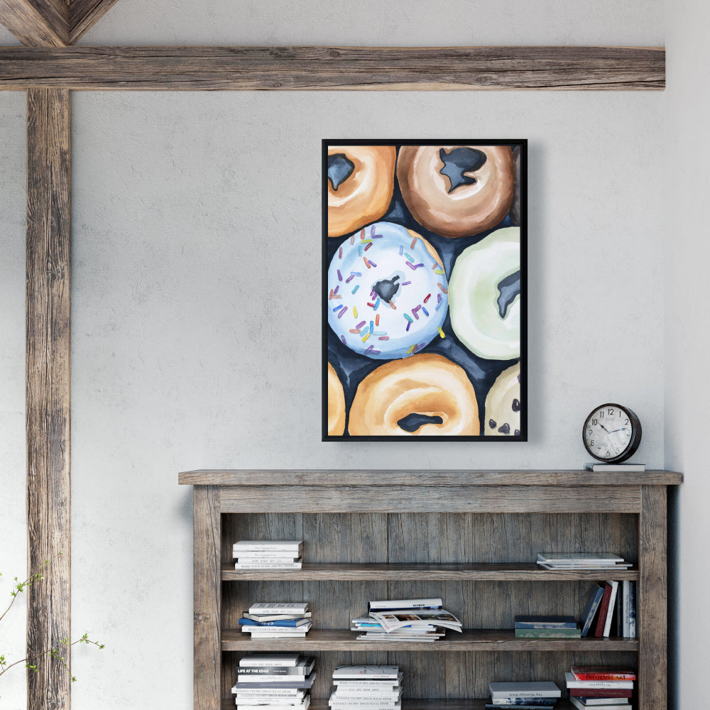 Watercolor Doughnuts Canvas | Blue Bedroom Decor | Framed Art