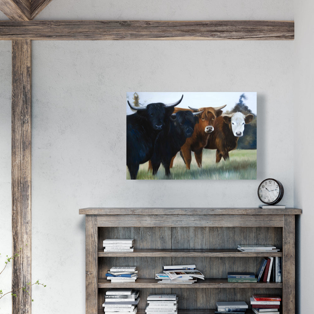 Brown Western Bedroom Canvas - Four Highland Cows Wall Art