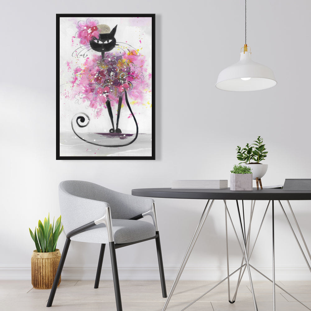 Cartoon Cat with Pink Flowers Canvas | Bedroom Animals Decor