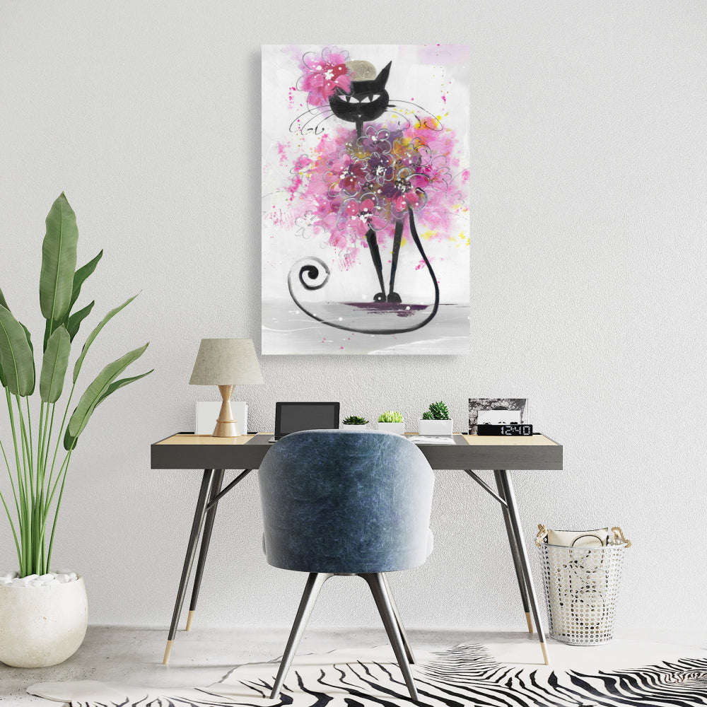 Cartoon Cat with Pink Flowers Canvas | Bedroom Wall Decor