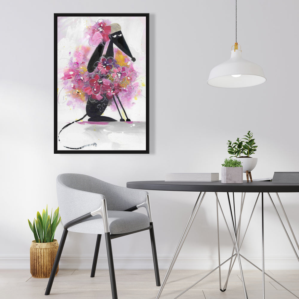 Cartoon Dog with Pink Flowers | Purple Bedroom Canvas Decor