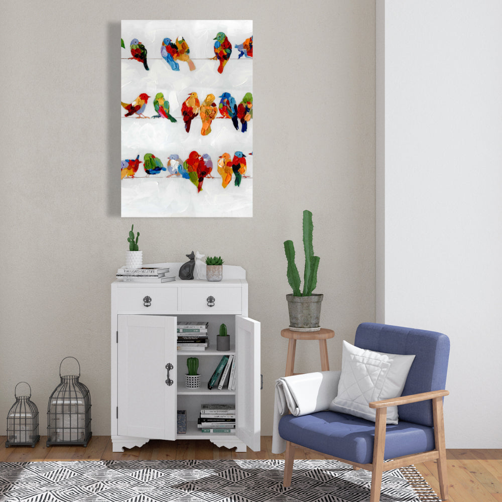 Colorful Birds on Wire Canvas | Bird Bedroom Blue Decor