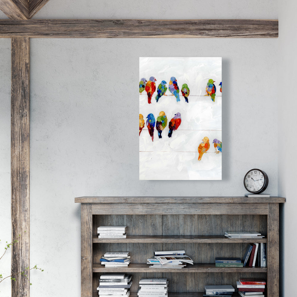 Colorful Birds on a Wire Canvas - Blue Animals Home Decor