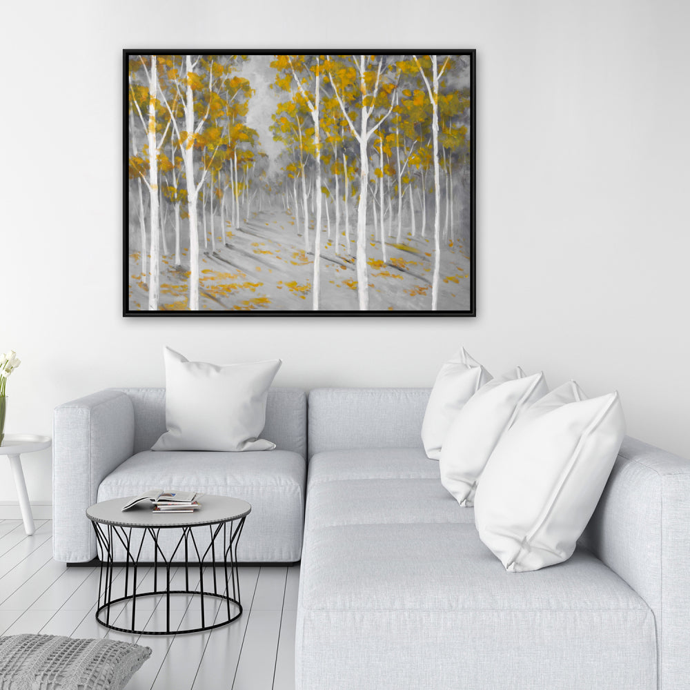 Toile encadrée représentant un paysage de forêt de bouleaux et d'arbres gris - Décoration d'intérieur