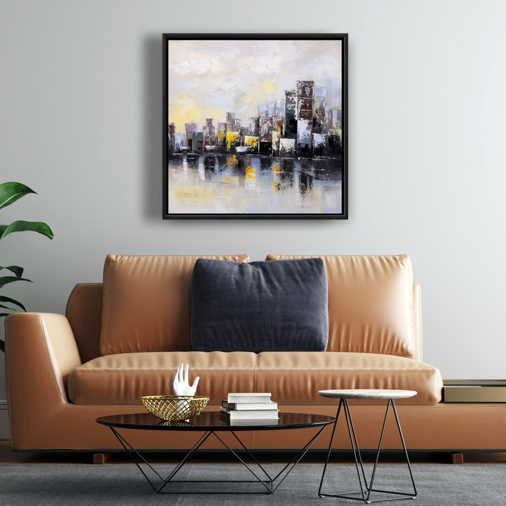 Toile de chambre à coucher avec un bâtiment jaune | Ville abstraite au matin