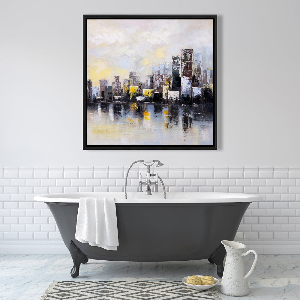 Toile de chambre à coucher avec un bâtiment jaune | Ville abstraite au matin