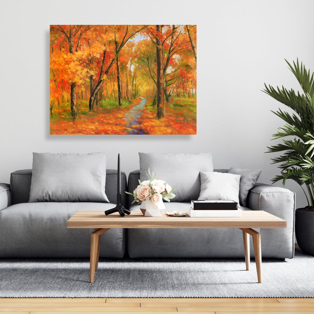 Autumn Trail in Forest Canvas | Orange Living Room Wall Art