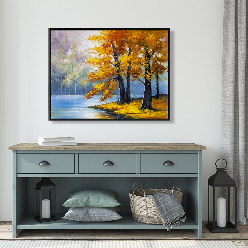 Two Trees by the Lake | Blue Framed Canvas | Home Decor