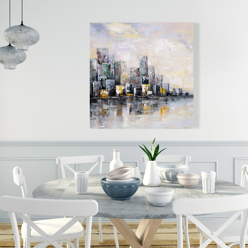 Toile bleue pour chambre industrielle | Paysage urbain abstrait matinal