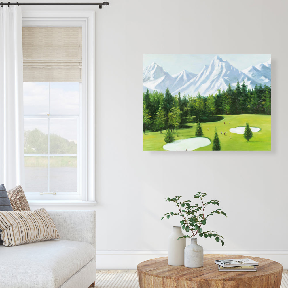 Golf Course with Mountains Canvas | Blue Living Room Decor