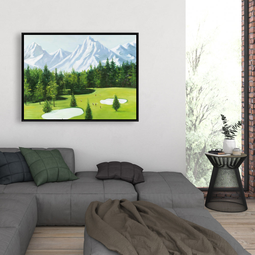 Parcours de golf avec vue sur les montagnes | Toile décorative encadrée bleue