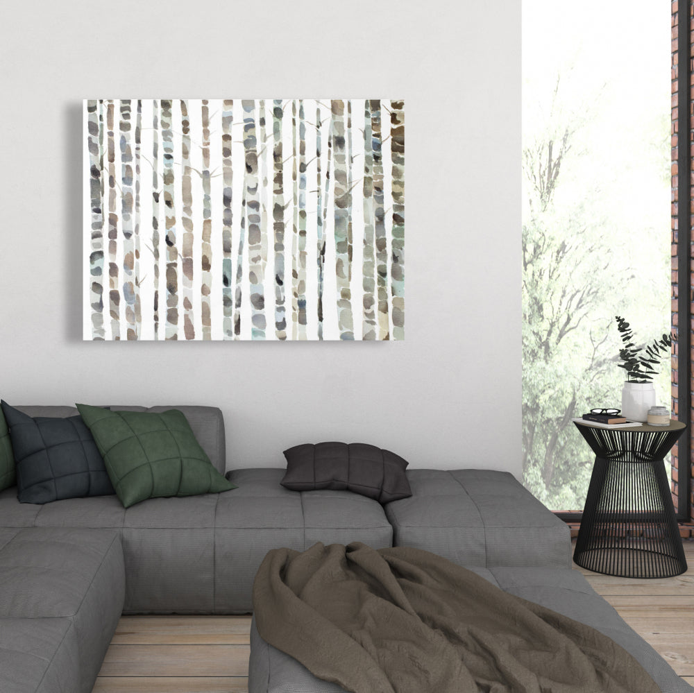 Minimalist Blue Landscape Canvas - Watercolor Birch Trees Decor