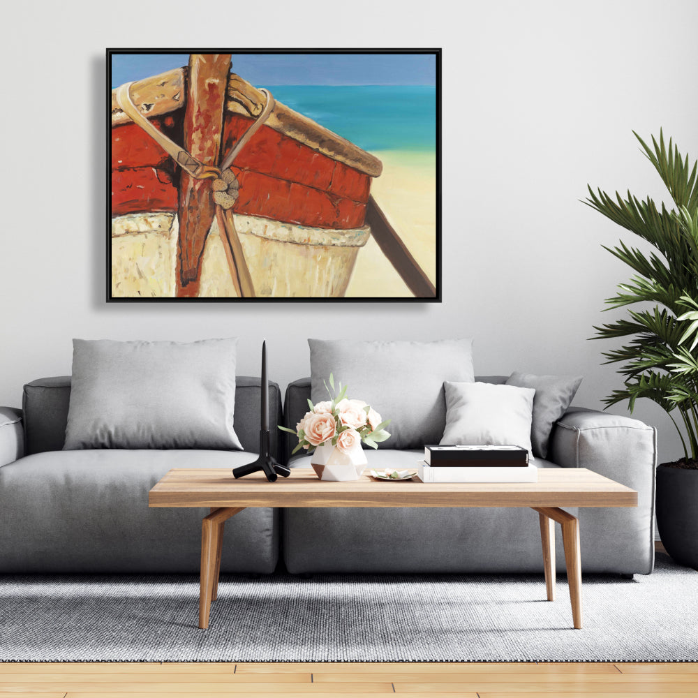Tied Up Rowing Boat Canvas - Marine Bedroom Blue Framed Art
