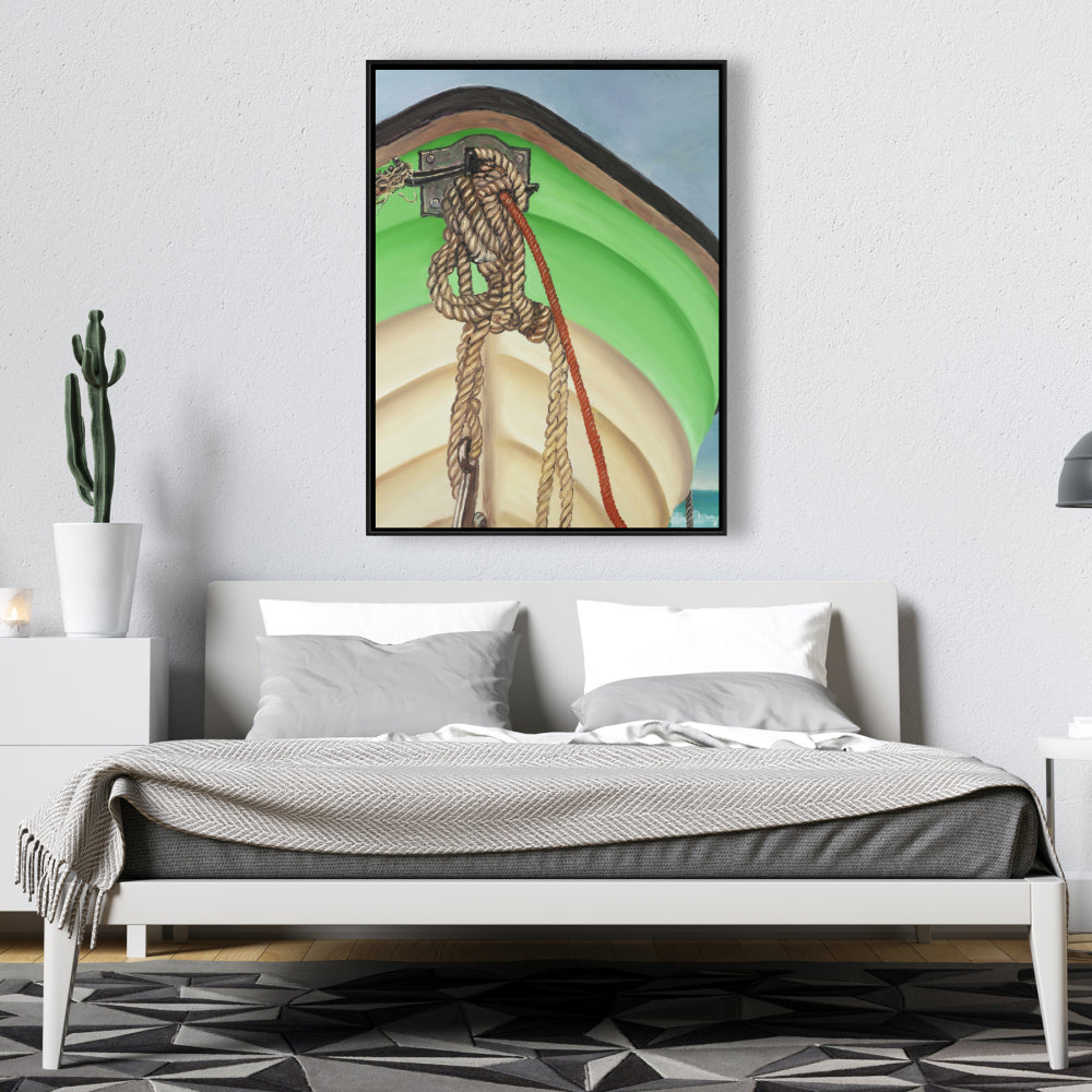 Toile encadrée représentant un bateau à voile et à rames - Décoration d'intérieur bleu marine